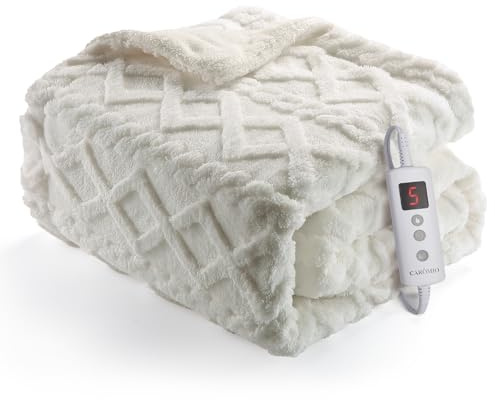 CAROMIO Heated Throw Blanket - Thick Tufted Sherpa Electric Blanket Throw with 10 Heating Levels and 10 Time Settings, ETL Certified Machine Washable Fast Heating Blanket Throw 50×60, Off White