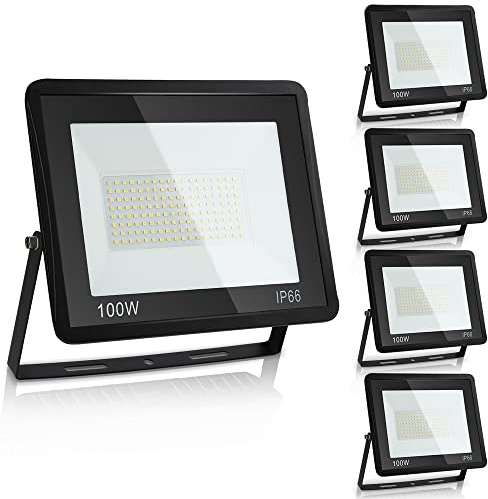 Sonnewelt Projecteur LED Extérieur 100W 5pcs 8500lm Blanc Chaud 3000K Spot LED Extérieur économiseur dénergie IP66 Imperméable lumière de Sécurité pour Jardin Patio Cour Garage