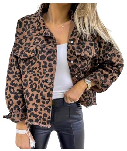 QREXVOG Vestes En Denim pour Femmes Leopard Imprimé De La Veste En Jean Bouton À La Veste En Jean Coat De