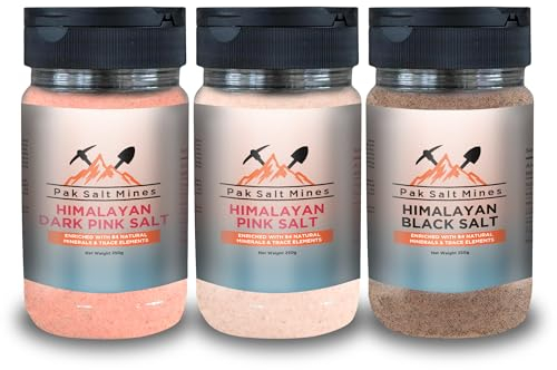 Himalayan Salt Variety Pack, 3 x 250g - Pink, Dark Pink & Black - 100% Pure & Natural Rock - Coarse & Fine - Ideal for Cooking, Table Salt & Grinder Refills - Kosher Salt