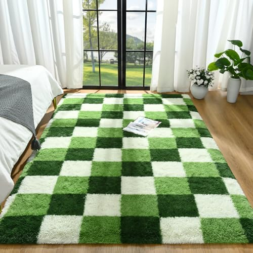 Zedrew Shag Area Rug, 5x7 ft Deep Green White Fluffy Rugs for Bedroom Living Room, Soft Shaggy Modern Indoor Carpets, Cute Plush Rugs for Kids Girls Room Nursery, High Pile Throw Rug for Home Decor