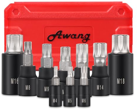 Awang XZN Triple Square Spline Bit Socket Set,M4-M18 Socket Set | S2 Steel Bits and CR-V Sockets| 1/4,3/8 and 1/2 Drive|10 Pcs Set| for Torque Wrench, Ratchet Wrench, Impact Power Drills