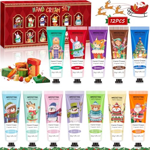 ZQEJEFD Mini Crèmes pour les Mains, 12 Pièces Coffret Crème de Mains, Crème Mains Réparatrice, Beurre de Karite, Rose, Camomille - Idee Cadeau- Coffret Cadeau Noël et d'Anniversairepour Femmes Hommes