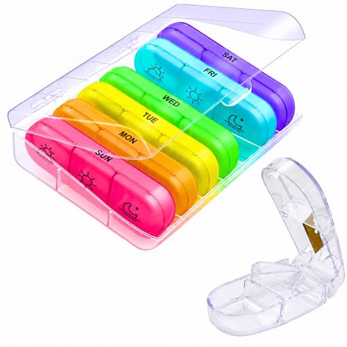 Weekly Pill Box Organizer with Cutter – Portable Pill Organiser & Pill Box, 7 Day Tablet Organiser 3 Times a Day with Large Separate Compartments for Medicine Storage Box,Fish Oil & Supplements