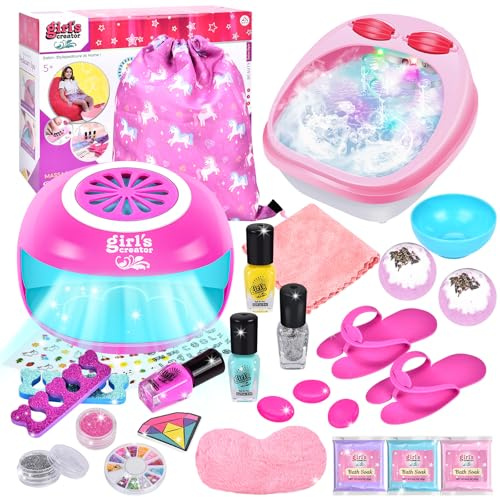Herefun Nagelstudio Kinder Mädchen, Nagelstudio Set Kinder & Füße Spa, Fußbad mit Hydromassage, Geschenke für Mädchen Nagellack Set, Nagelkunst Kinder 6 7 8 9, DIY Schminkkoffer Spielzeug