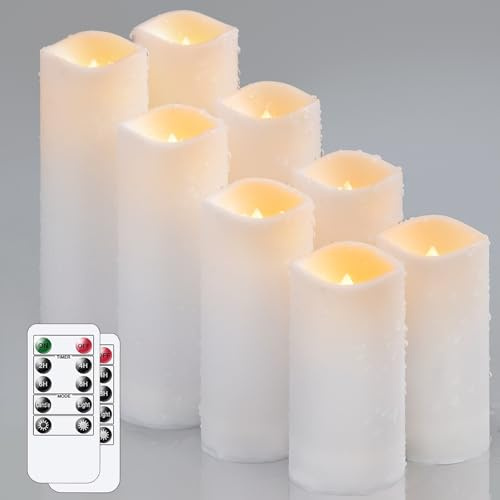 Yeelida Wasserdichte Packung mit 8 Flammenlosen 5,5cm x10 12,5 15 17,5cm LED Kerzen mit 2 Fernbedienungen & Timerfunktion, Batteriebetriebene Flackernde Weiß Plastikkerzen für draußen