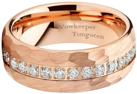 VowKeeper 8mm Titanium Men's Wedding Ring - Rose Gold, Diamond Inlay, Hammered Design, Lightweight Comfort Fit Sizes 12