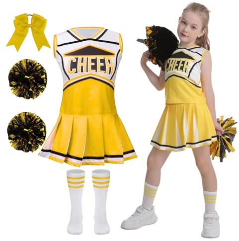 maxToonrain Klassische gelbe Cheerleading-Uniform für Kinder, 5-teiliges Set mit Pompons, Oberteil, Rock, Socken und Stirnband