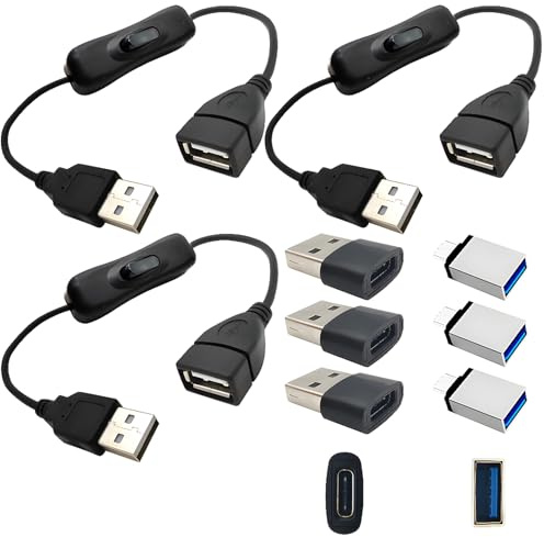 CESFONJER Cavo di prolunga USB con interruttore 0,3 m – Accensione/spegnimento, kit da 3 con adattatori (6 pezzi), cavo di alimentazione per LED/PC/telefono/tutti dispositivi USB-C