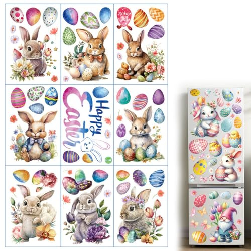 HQRKOTM 9 PCS Fensterbilder ostern,Selbstklebend Frühling Ostern Fenstersticker mit hasen und Osterei,Osterdekoration Aufkleber Fensterdeko für Osterdeko und Frühling Deko