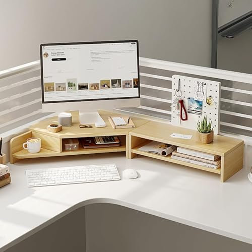Monitorstativ, höj- och sänkbar monitor för dubbla monitorer, stor datororganisatör för L-formade skrivbord, ergonomisk och utrymmesbesparande höj- och sänkbar skärm/TV-stativ(Natural)