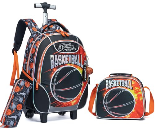 Egchescebo Kinder Rucksack mit Rollen Kinderkoffer Jungen für Koffer Schultrolley Kindertrolley Trolley Groß Schultasche Handgepäck Kindergepäck 17” 3pcs Sätze Geeignet Grundschüler Basketball Rot