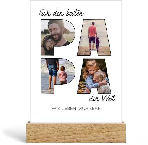 Papa Acrylglassaufsteller Personalisiert mit Foto Papa Geschenk Geburtstag, Vatertagsgeschenk Foto Glasbild mit eigenen Bildern, Acrylglas Bester Papa - Acrylglasaufsteller inkl. Holzfuß