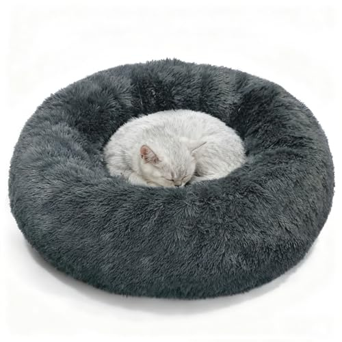 Plush Cat Bed for Indoor Cats 50cm, Washable Small Dog Bed Dark Grey | Soft Plush Comfort, Non-Slip Bottom, Thick PP Cotton Filling, Cozy Donut Design, Machine Washable, Ideal for Small Pets