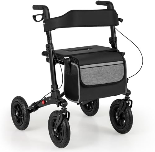GOPLUS Andador para Ancianos de 4 Ruedas, Andadores Ancianos con Freno, Altura Ajustable, Respaldo Ergonómico, Ayuda para Caminar, Almacenaje para Personas Mayores, Carga de 140 kg (Negro)