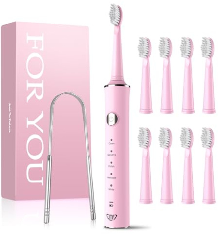 JTF Spazzolino Elettrico Sonico con 8 Testine & Raschietto Lingua, 5 Modalità e Smart Memory, Timer 2 Minuti, Impermeabile IPX7, Rechargeabilité Ricarica Rapida 3H, Adulto (Rosa)