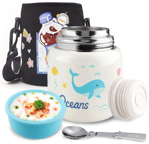 TXErfolg Boîtes Alimentaires Isothermes 500ml, Acier Inoxydable Boite Repas Isotherme avec cuillère pliable, Récipient isotherme anti-fuite avec manchon de tasse pour Ecole, Bureau, Camping