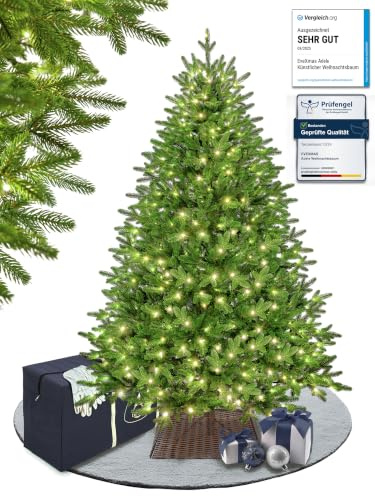 EveXmas Adele Künstlicher Weihnachtsbaum 185 cm mit 320 LED warmweiß, 591 Zweige, 100% PE Spritzguss – Christbaum und Tannenbaum grün, Nordmanntanne Optik, inkl. Metallständer, Tasche und Baumkorb