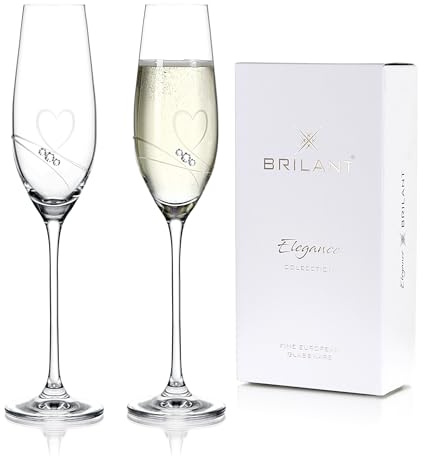 Brilant Essence of Love Sektgläser - Modernes Champagner Gläser Set, Elegante Bleifreie Champagnergläser mit Eingraviertem Herz und Hochwertigen Kristallakzenten, EU handgefertigt - 2er Set, 210 ml