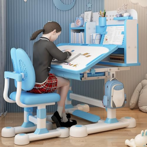 yulewiix Kinderschreibtisch, Kinder Schreibtisch, Height Penctable Schreibtisch und Stuhl Set mit Bücherregal Lagerschublade, 50-Grad-Neigungsschiff-Desktop-Studientisch für Junge, Mädchen(Blau A)