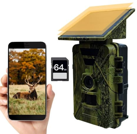 SkyFace Fotocamera Caccia con Pannello Solare, 60MP WIFI Bluetooth e App Fototrappola con Batteria al Litio Ricaricabile Integrata da 5200mAh, Angolo di Rilevamento 120° con scheda SD da 64GB