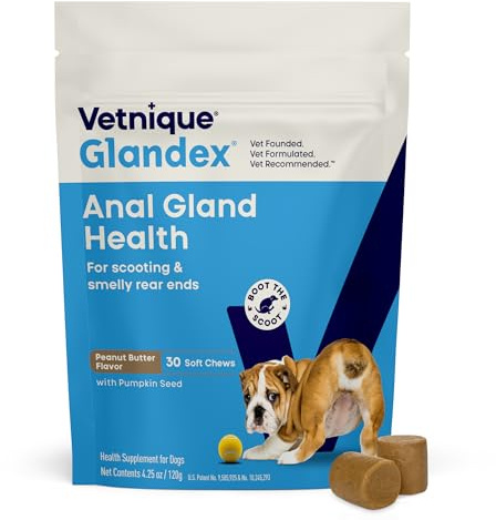 Vetnique Glandex Anal Gland Soft Chew Treats with Pumpkin for Dogs Digestive Enzymes, Probiotics Fiber Supplement for Dogs Boot The Scoot (30ct, Peanut Butter Chews)