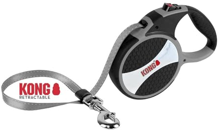 KONG Rollleine in 7,5m Länge I Für große Hunde bis 50kg I Größe L I Lange Hundeleine mit Break & Lock System in grau I Komfortable Hunde-Leine mit Softgriff & reflektierendem Gurt