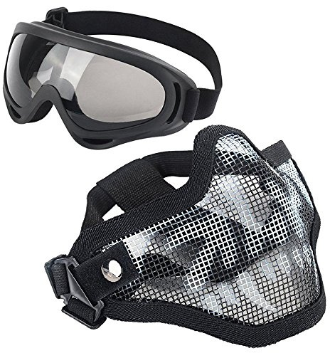 LAOSGE Airsoft Mask,Mesh Half Face Skull Set with UV 400 Anti Fog Goggles