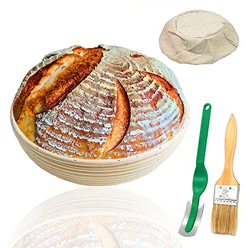 YOCZOX 10” Round Banneton Proving Basket, Bread Proofing Basket Sourdough Proofing Proving Rising Sourdough Starter Kit Bread Making Accessories (25 x 8.5cm, Cloth Liner, Bread Lame, Brush)