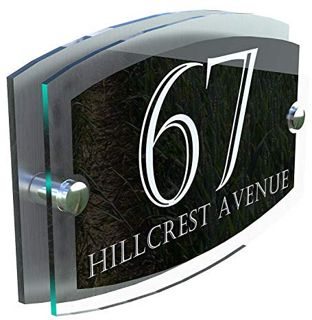 MODERN HOUSE SIGN PLAQUE DOOR NUMBER STREET GLASS EFFECT ACRYLIC ALUMINIUM NAME - ESTA5-24WB-S