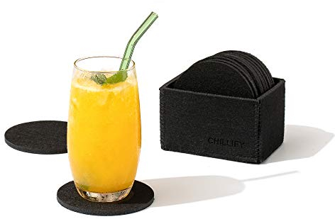 chillify Getränkeuntersetzer 12er Set I Untersetzer Filz Aufbewahrungsbox | Tischset rutschfest hitzebeständig waschbar | Gläser- und Tassenuntersetzer I Garten geeignet I schwarz, rund