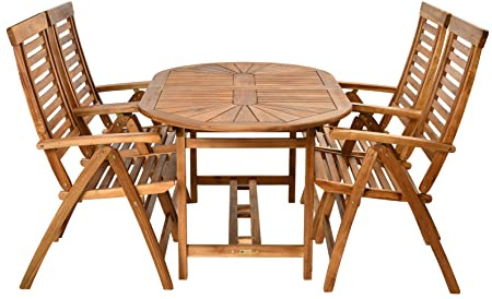 Rattanland® Gartenmöbel Set Holz, Klappbar Bristol Gartentisch mit 4 Ascot Stühlen (FSC® - zertifiziertes Teakholz) mit Kissen - Möbelsets, Ausziehbar Gartentisch, Möbel für Garten