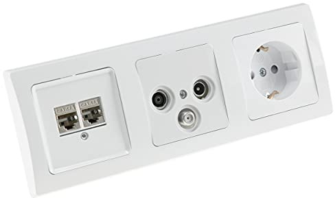 ChiliTec Unterputz Steckdose Kombi Cat6 Netzwerk TV Antennendose Delphi | weiß 3-Fach Rahmen, UP Einbau, 3er Set, Klemm Anschluss