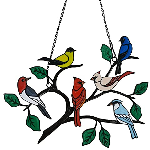 Six Birds Cardinal Gifts Stained Metal Window Hangings, Multicolor Bird On A Wire Window Panel Decor Series Ornament Home Wall Garden Decoration Love Gifts