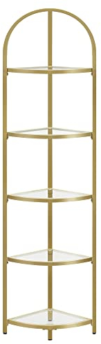 VASAGLE Eckregal 5 Ebenen, Bücherregal, Pflanzenregal, Standregal, Badezimmerregal, Ablagen aus Hartglas, Stahlrahmen, modern, für Wohnzimmer, Küche, metallisches Gold LGT810A01