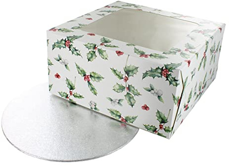 Culpitt Vintage Holly Cake Box and Silver Cake Board, Cake Card and Box Combo For Christmas Bakes and Festive Treats - 10 inch