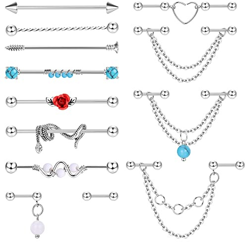 Adramata 13 Stück Chirurgenstahl Ohrringe - 14G & 16G Piercing Set für Damen & Herren - Gold & Silber - Helix & Schlange - Industrial Schmuck