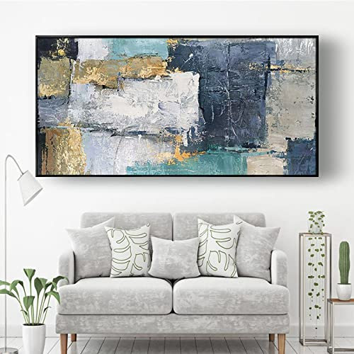 HOLEILUCK Moderne Wohnzimmerdekoration Gemälde Ölgemälde Abstrakt Grau Textur Blau Gold Leinwand Bild Veranda Wandkunst 31,50 x 68,9 Zoll (80 x 175 cm) Mit Rahmen
