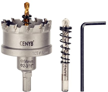CENYB scie cloche metal 2-3/16 (56mm) à pointe en carbure de tungstène, avec 2 forets pilotes titanées - Idéale pour métaux durs, acier inoxydable, fer, alliage d'aluminium, bois et plastique