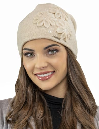 VIVISENCE Damen Wintermütze Wolle Blumenapplikation Warm Antistatisch 7053