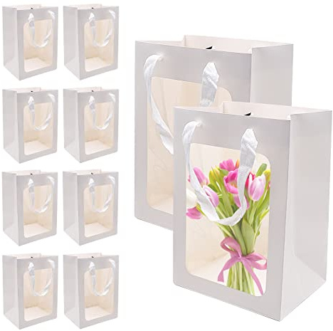 10 Pcs White Gift Bags with Transparen Window, Medium Small Gift Bag for Present Kraft Paper Bags with Handles for Birthday Party, Wedding, Christmas ( 18x13x25cm)