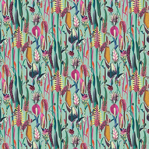 Cotton Fabric - Botanical Multicoloured Flowers on Duck Egg Blue - Craft Fabric Material Metre - 140 cm - 55 Wide - Per Metre