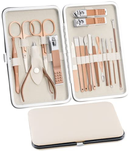 Set per manicure, 18 pezzi, set per la cura delle unghie, per pedicure, da donna e da uomo, in acciaio inox, set di manicure per unghie, set di bellezza portatile, per viaggi (oro rosa)