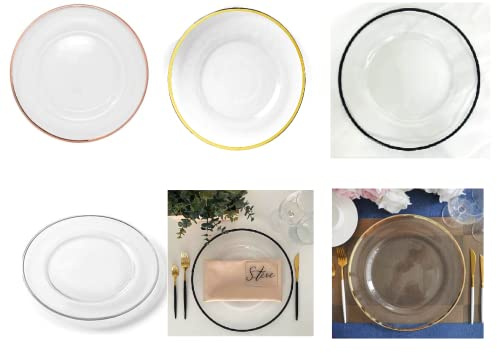 H Homedelight1234 Delight Design Glass Charger Plate Black/Gold, Silver & Rose Gold Rim Decorative Wedding Dinner Plate mats (Black, Pack of 6)