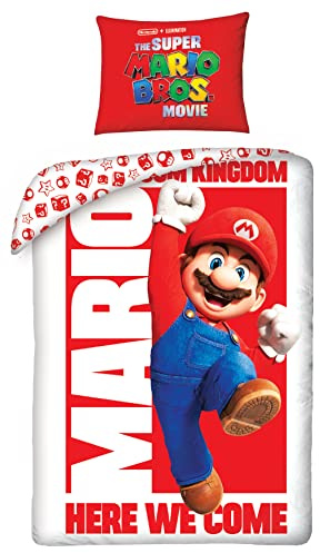 Nintendo Super Mario Bros Film Hier Kommen Wir Einzelbettbezug & Kopfkissenbezug Set - 100% Baumwolle Bettwäsche Bettbezug mit Kopfkissenbezug - Wendebettbezug für Kinder, Mädchen & Jungen