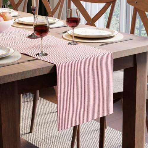 Encasa XO Baumwoll-Tischläufer 4 Seater | Größe 32x150 cm | Ticking Red - Maschinenwaschbar & Langlebig