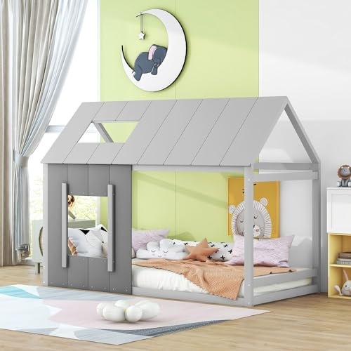 Kinderbett Baumhaus 90 x 200cm mit Rausfallschutz und Lattenrost aus Kiefernholz, Vielseitiges Kinder Haus Bett mit Dach und Fenster für Jungen & Mädchen, Grau