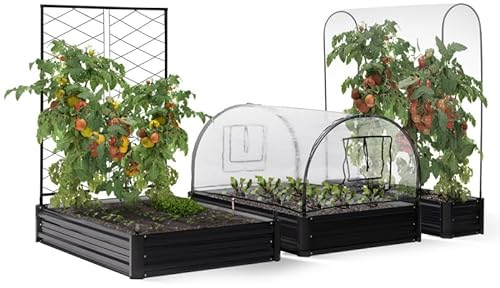 IDMarket - Kit completo 3 contenitori in metallo modulabili quadrati orto e serra per pomodori + traliccio + custodia