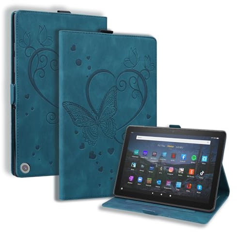 SLLMYYX Tablet-Hülle kompatibel mit Kindle Fire HD 8 & 8 Plus Tablet (12. / 10. Version 2022/2020), Love Butterfly, PU-Leder, Folio-Ständer, Smart Cover (blau)