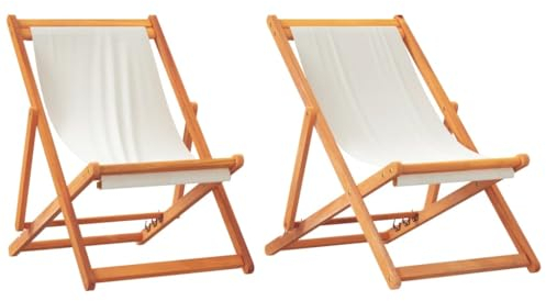 vidaXL Strandstühle 2 STK., Strandstuhl Verstellbar Klappbar, Liegestuhl Strandliege Holzrahmen, Sonnenliege Campingstuhl Klappstuhl, Cremeweiß Stoff